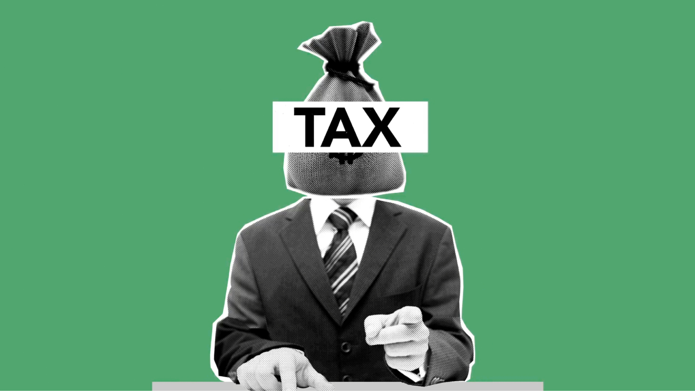 Conceptual illustration of a businessman in a suit with a money bag labeled TAX as his head, representing the tax implications of selling a business