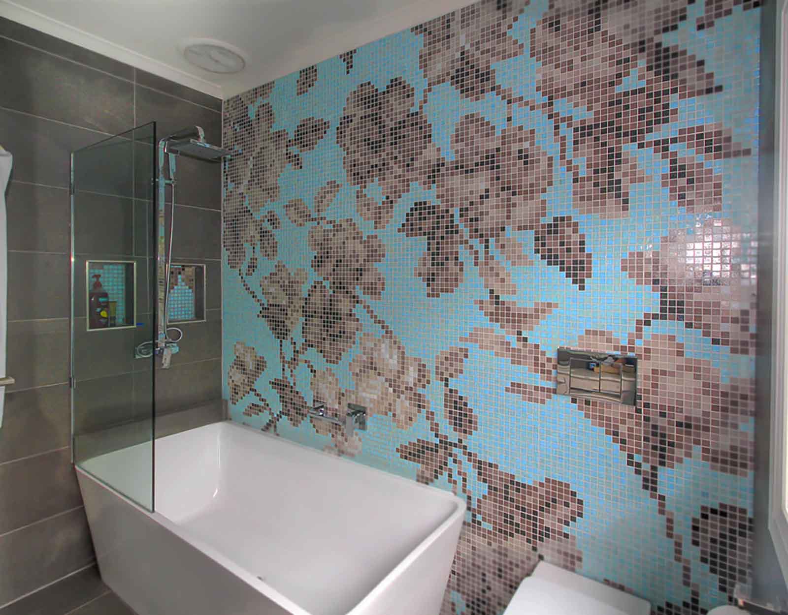 Beautiful mosaic tile wall in a modern bathroom renovation in Melbourne.