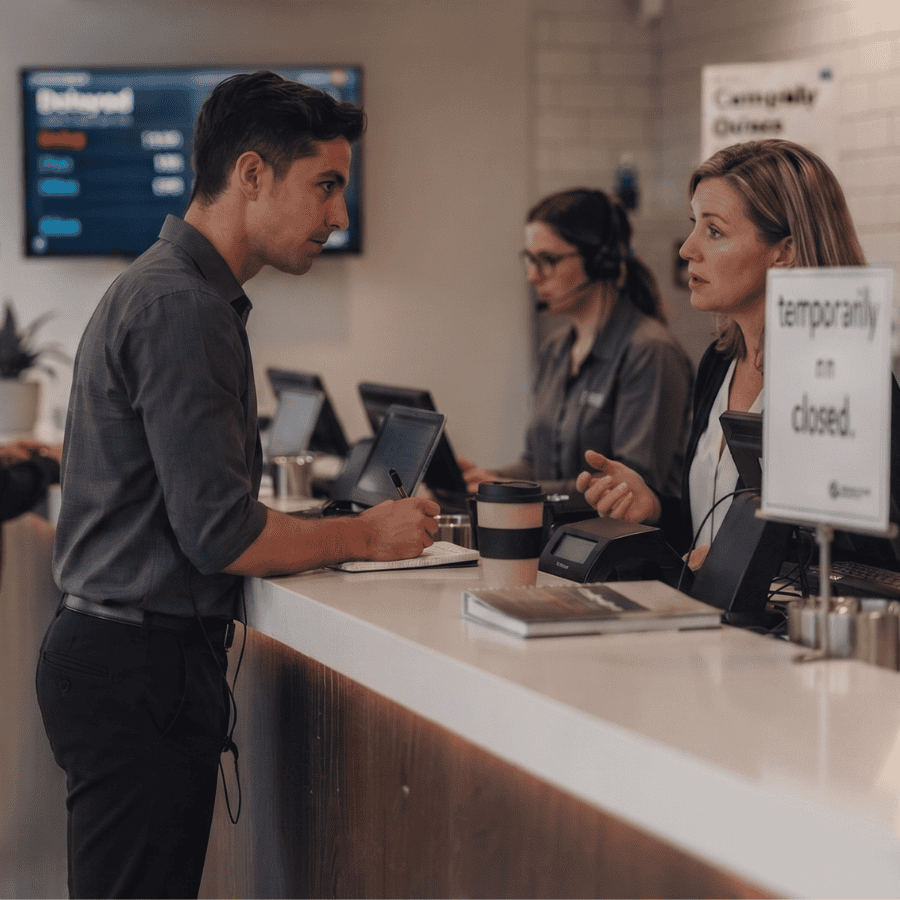 Customer service representative assisting a customer at a feedback desk.