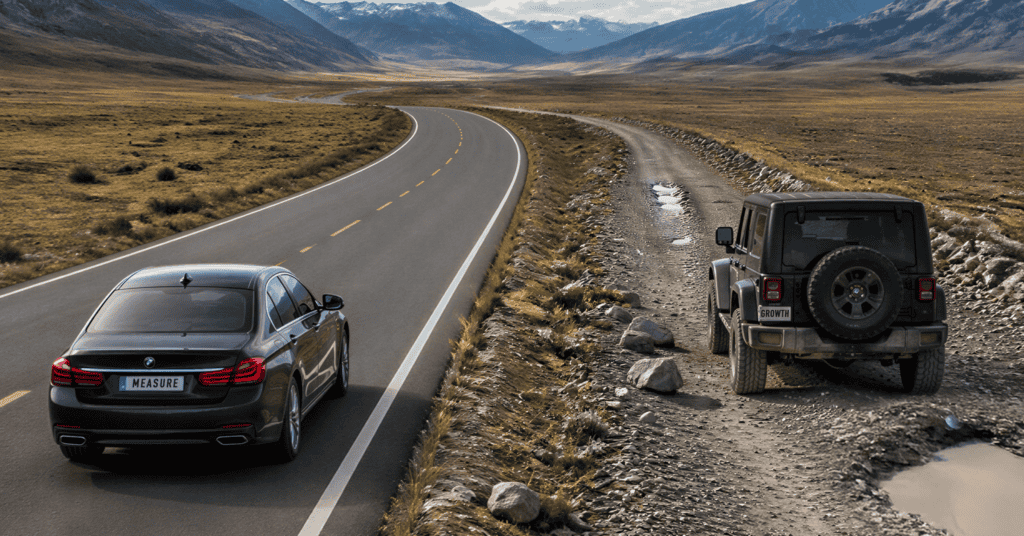 A sedan labelled MEASURE driving down a paved highway beside a four-wheel drive labelled GROWTH heading off-road, illustrating the difference between a measurement program and a growth program