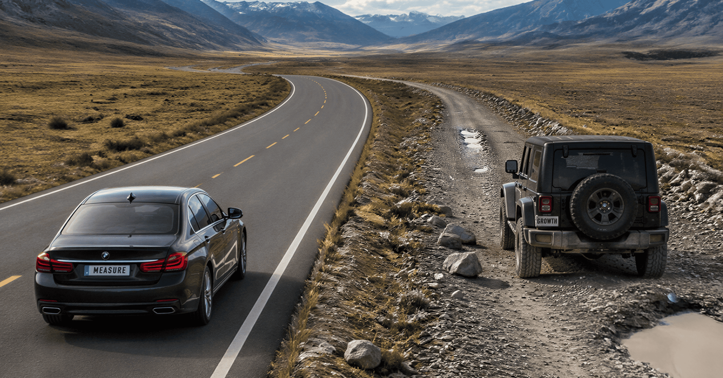 A sedan labelled MEASURE driving down a paved highway beside a four-wheel drive labelled GROWTH heading off-road, illustrating the difference between a measurement program and a growth program