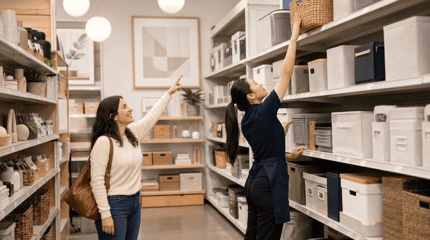 Customer asking a staff member to reach an item on a high shelf, showing customer expectations rising ahead of CX program delivery