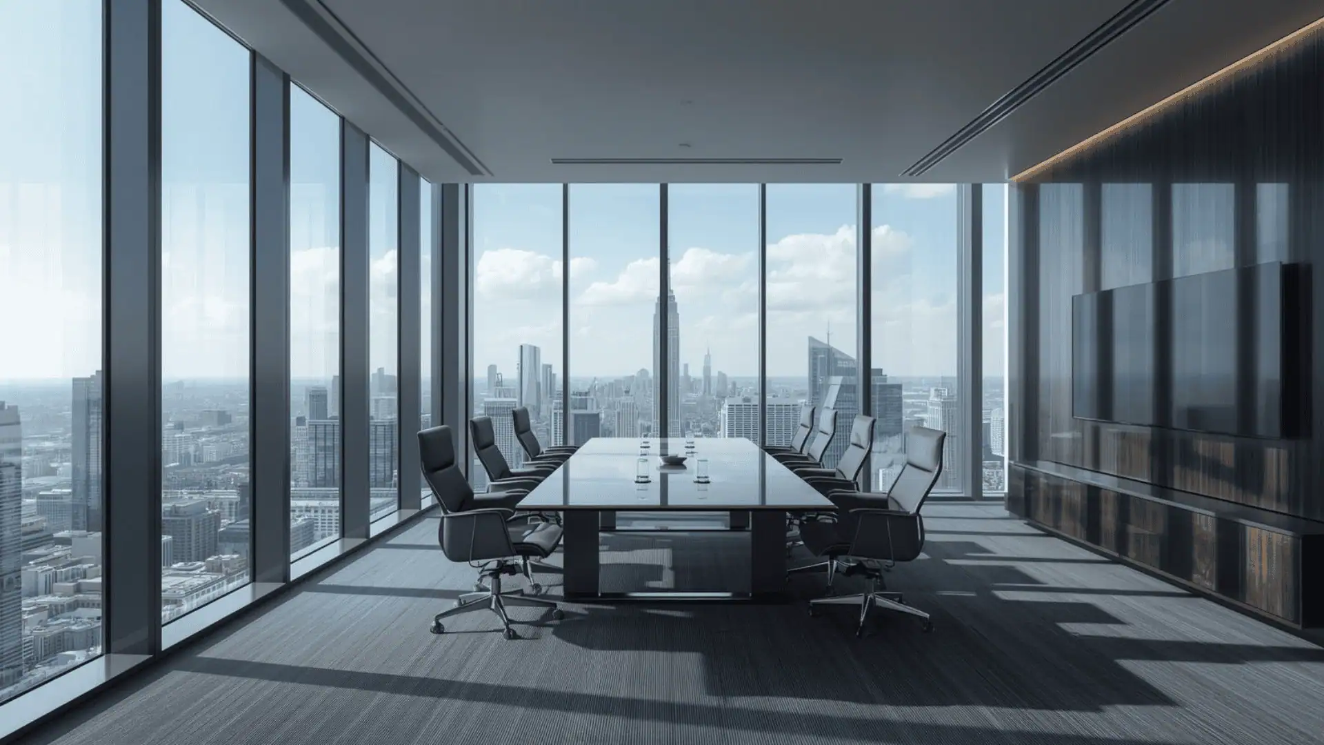 A modern conference room with large windows, a long table surrounded by chairs, and a city skyline visible outside under a blue sky with clouds. The room features sleek furnishings and a wall-mounted screen.