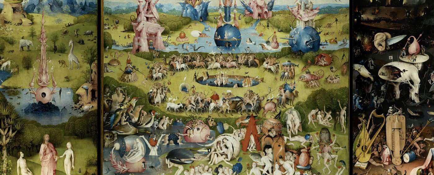 Reflexión filosófica sobre la naturaleza y la existencia en un mural renacentista lleno de simbolismo.