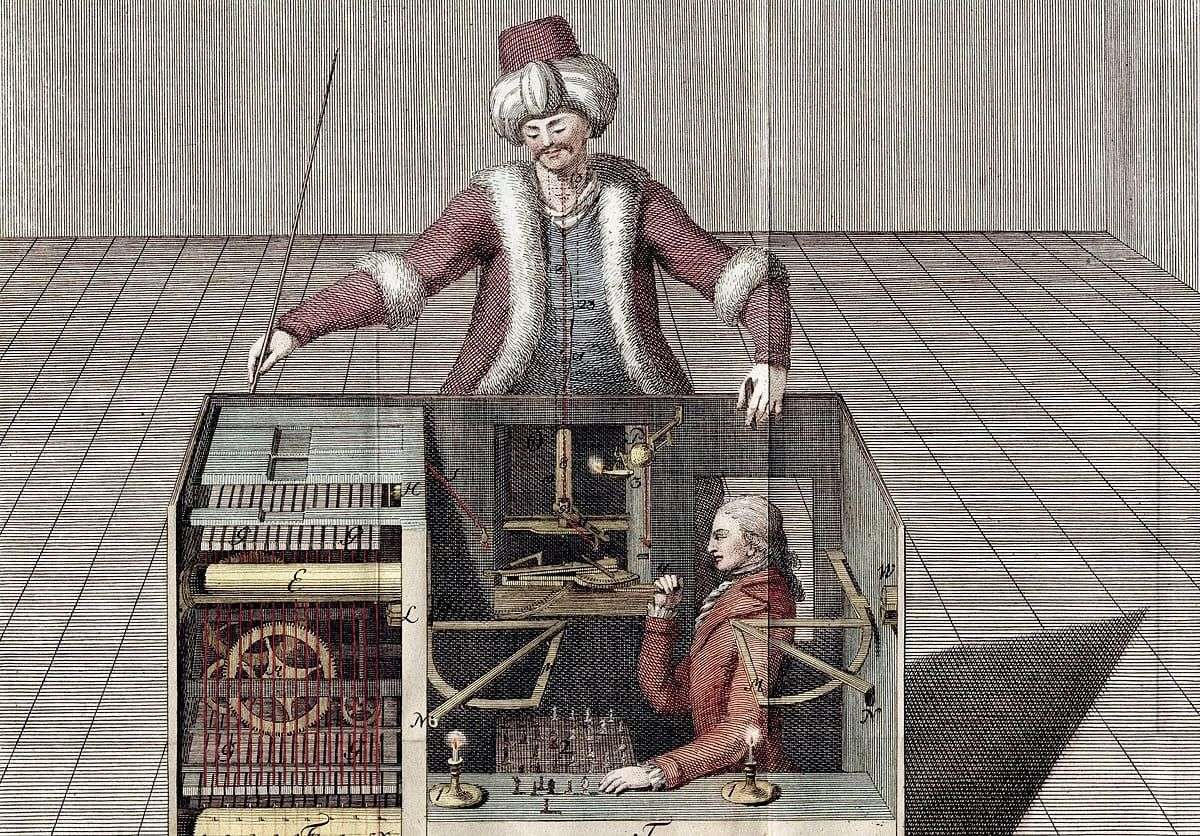 Mujer y hombre en máquina de ciencia antigua, ilustración clásica de avances tecnológicos históricos.