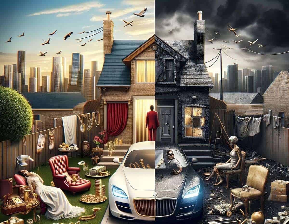 Casa dividida entre orden y caos en una ilustración que refleja la dualidad de estilos y estilos de vida.
