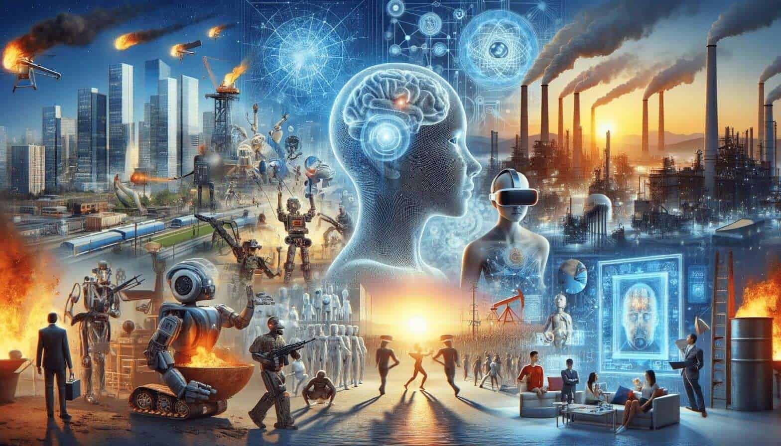 Maquina y robot en un mundo futurista con tecnología avanzada y contaminación industrial.