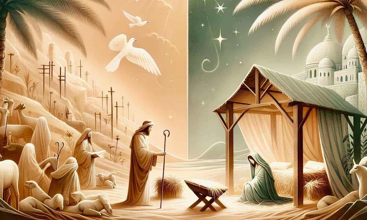 Nakba de la historia y cultura en un escenario bíblico con animales y personajes religiosos.