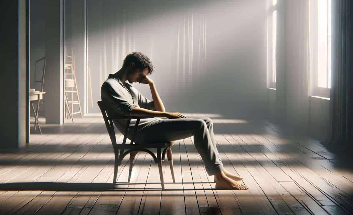 Pensativo hombre sentado en una habitación iluminada con luz natural.