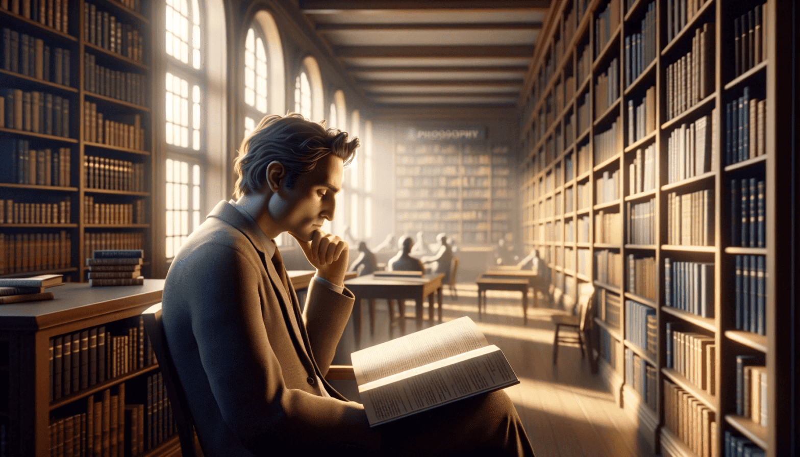 Filósofo leyendo en una biblioteca antigua con luz solar natural, rodeado de estanterías llenas de libros antiguos.