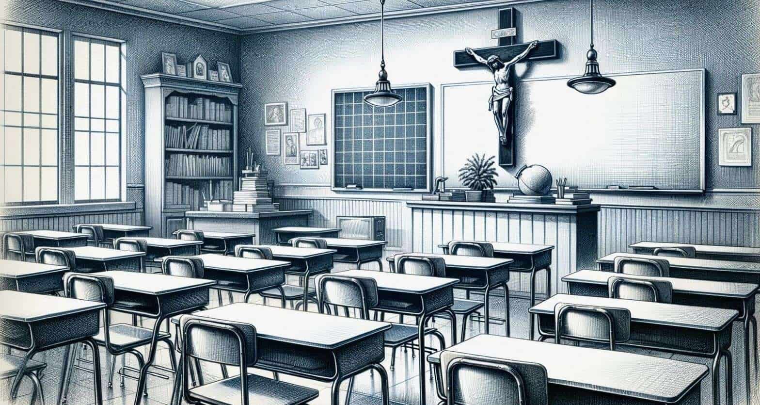 Filósofo en aula escolar con crucifijo, pizarra y libros, educación religiosa y filosófica en el aula.