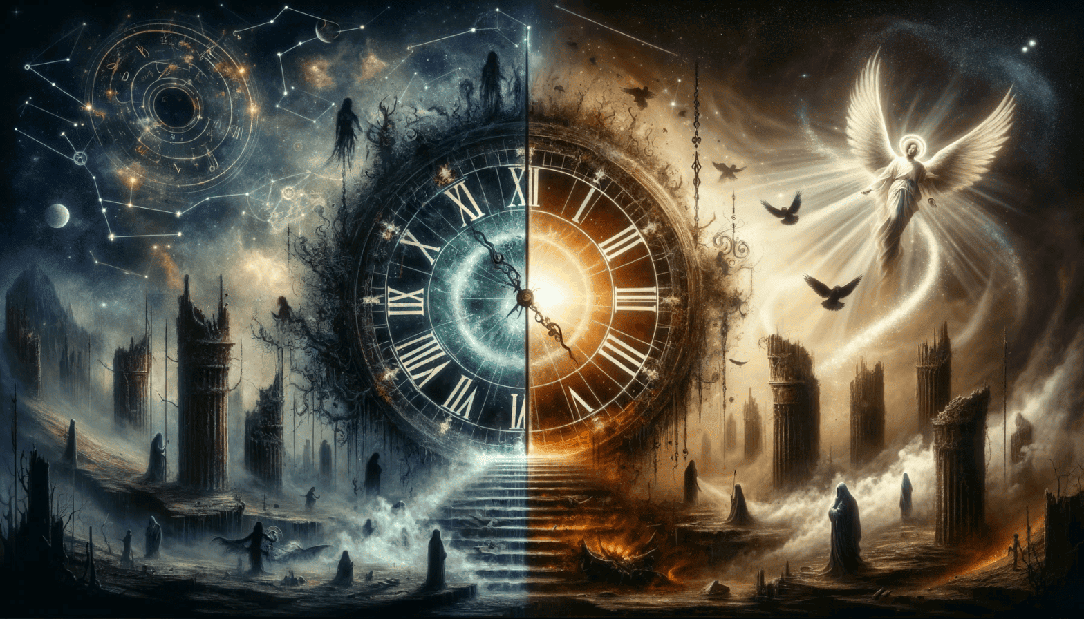 Reloj de tiempo dividido entre un mundo oscuro y uno celestial lleno de ángeles y aves.