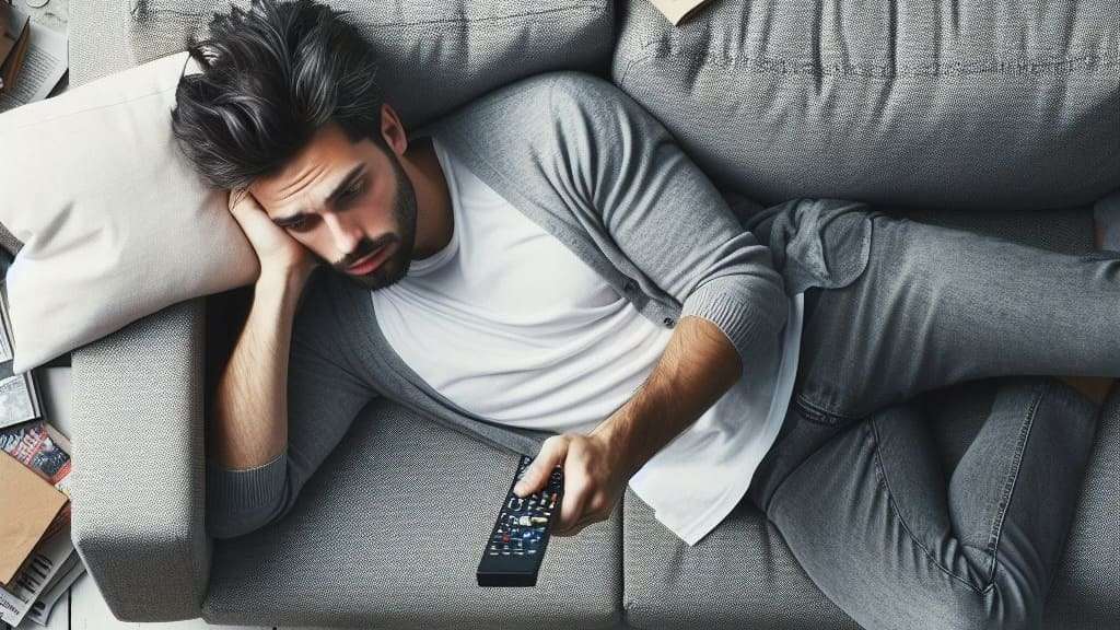 Aburrimiento y cansancio frente a la televisión, viendo series en el sofá.