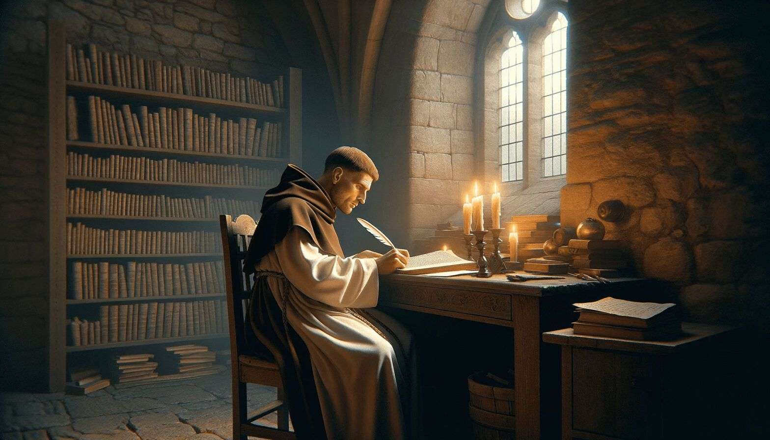 Filósofo medieval escribiendo en un escritorio iluminado con velas en una iglesia antigua.