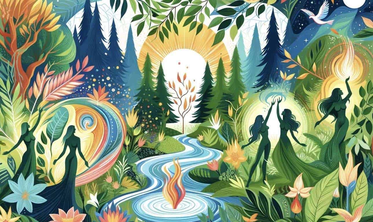 Bosque mágico con mujeres danzando, río y naturaleza vibrante, arte inspirador de filosofía en la red.