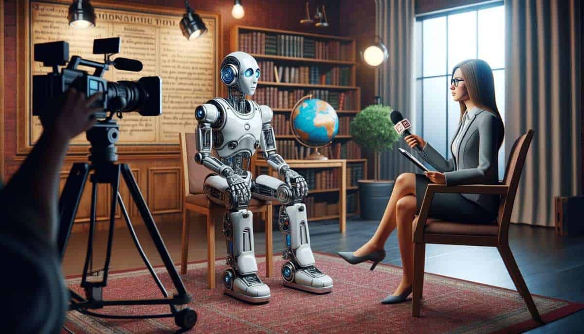 Robot conversando con periodista en una entrevista en una librería con estanterías y planeta tierra de fondo.