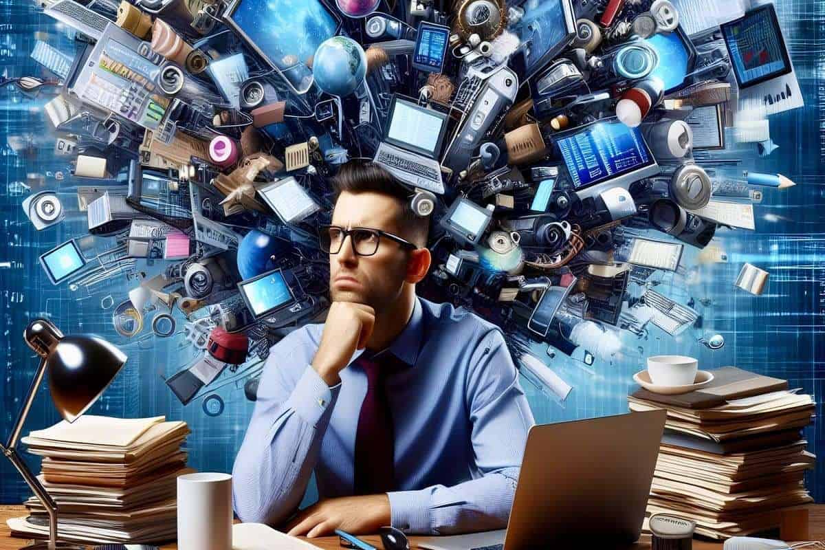 Renovado-ALT: Joven pensativo rodeado de tecnología y objetos de oficina, reflexionando sobre la filosofía en la era digital.