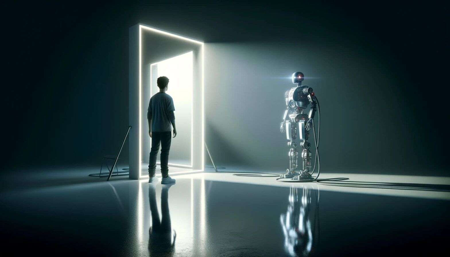 Humano y robot frente a una puerta luminosa en un entorno futurista.