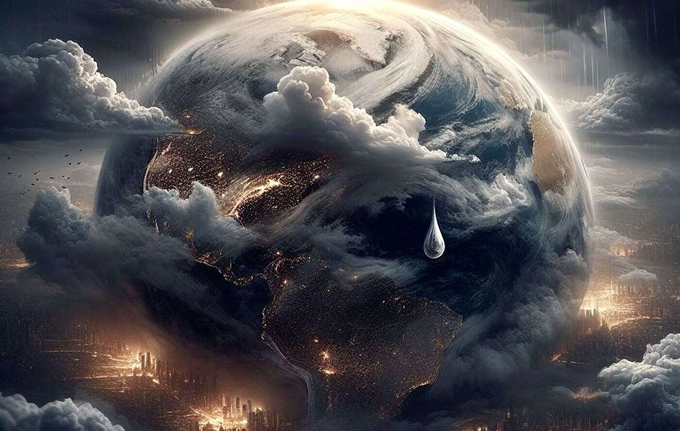 Planeta Tierra devastada por la contaminación y el cambio climático, con nubes oscuros y un globo terráqueo surrealista.