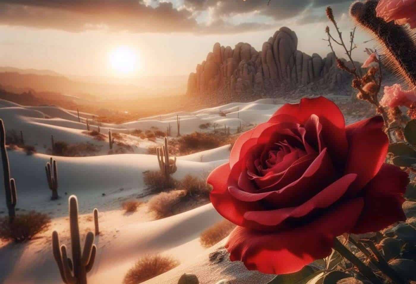 Hermosa escena del desierto con cactus y una rosa en primer plano durante el atardecer.