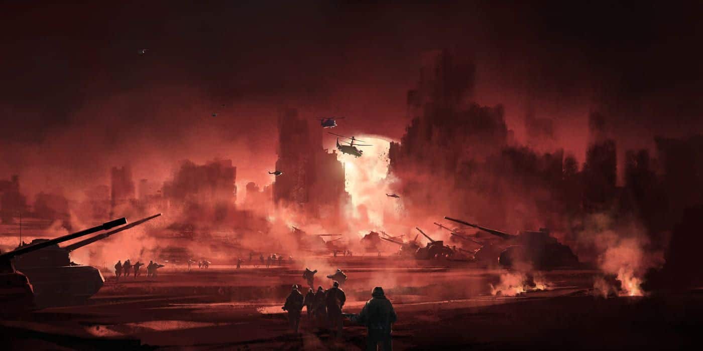 Cañones y helicópteros en un entorno de guerra y destrucción.