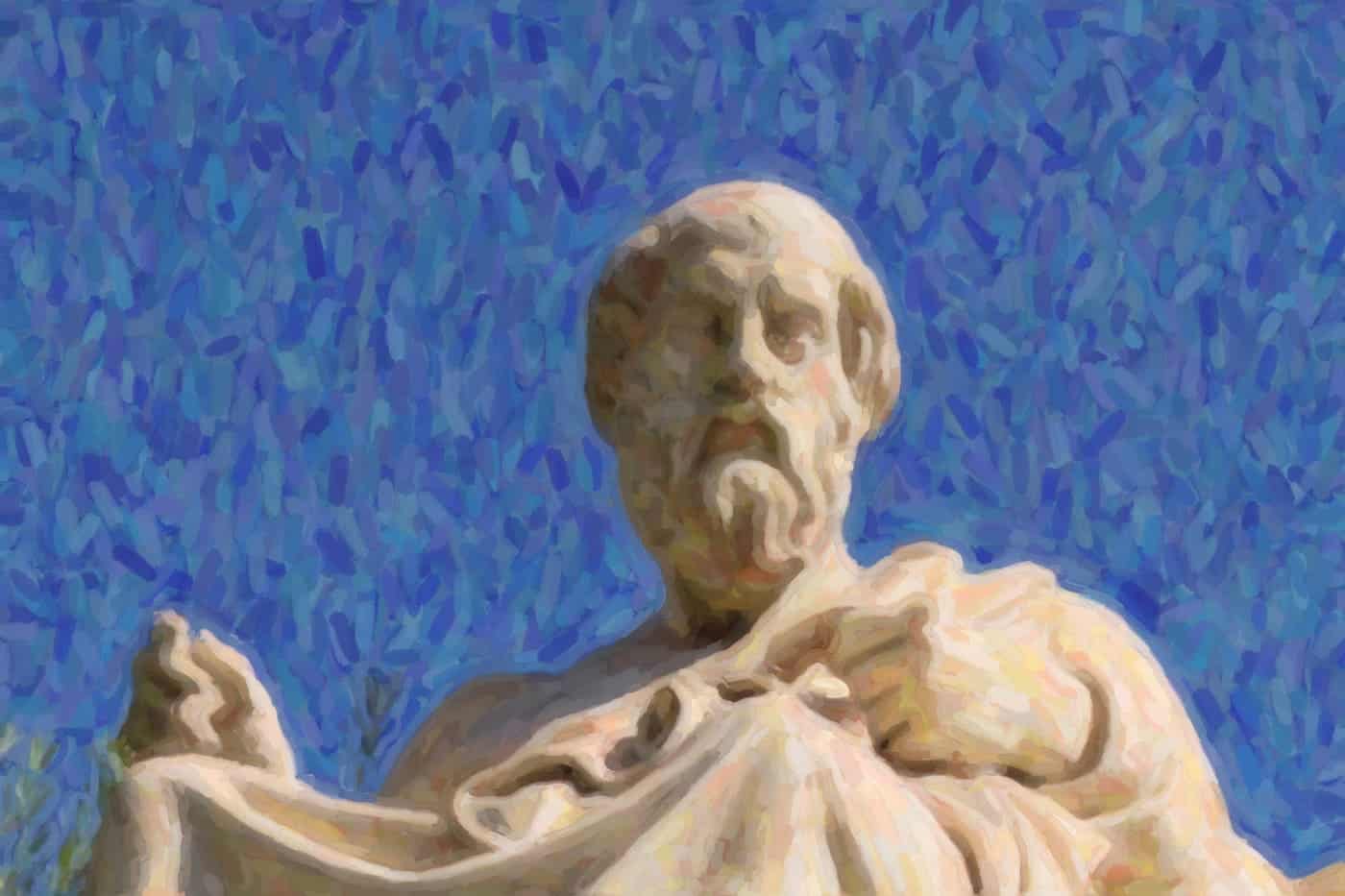 Filósofo clásico con barba, expresión pensativa en fondo azul, estilo pintura impresionista.