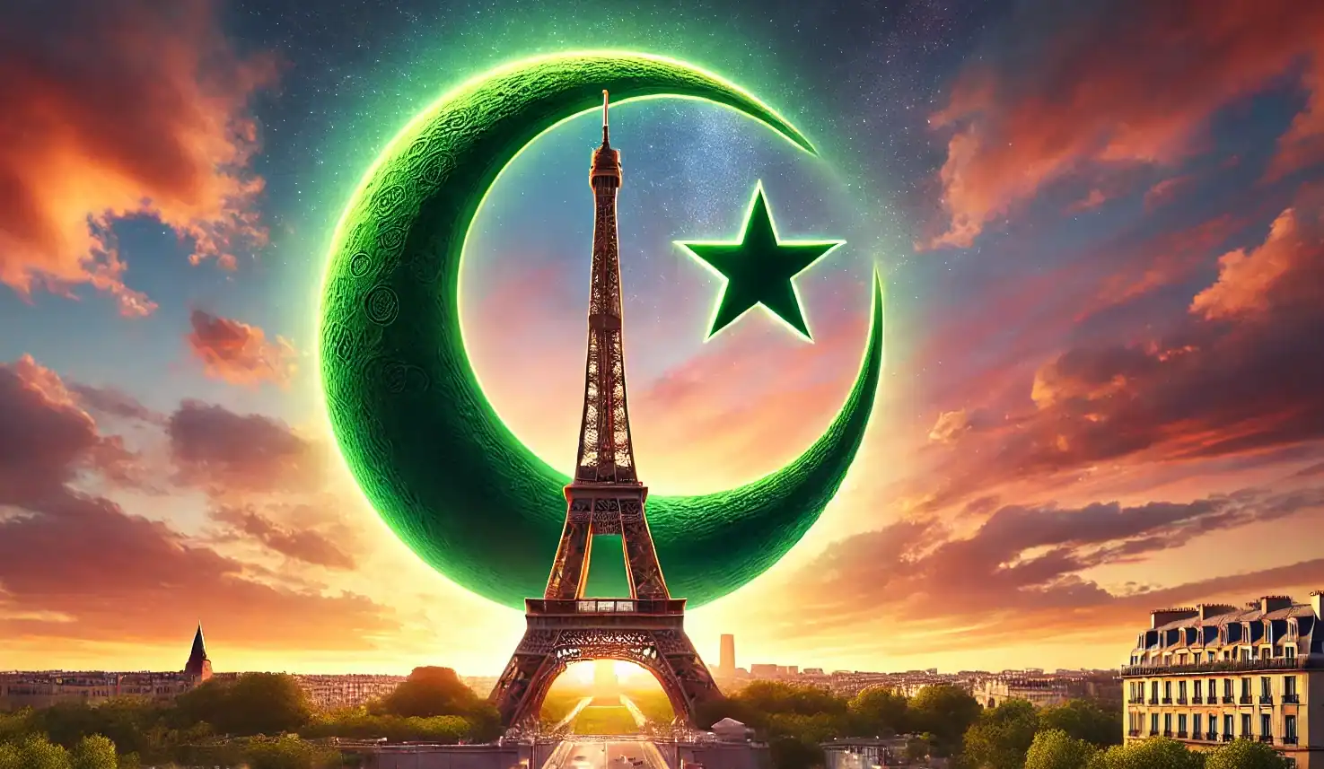 Majestuosa imagen de la Torre Eiffel con una luna y estrella verdes en un atardecer, símbolo de cultura y orgullo nacional.