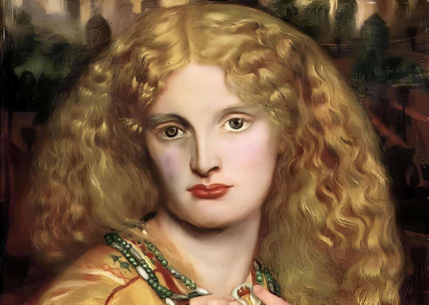 Retrato de mujer con cabello rizado dorado y joyas, estilo artístico clásico para filosofía en la red.