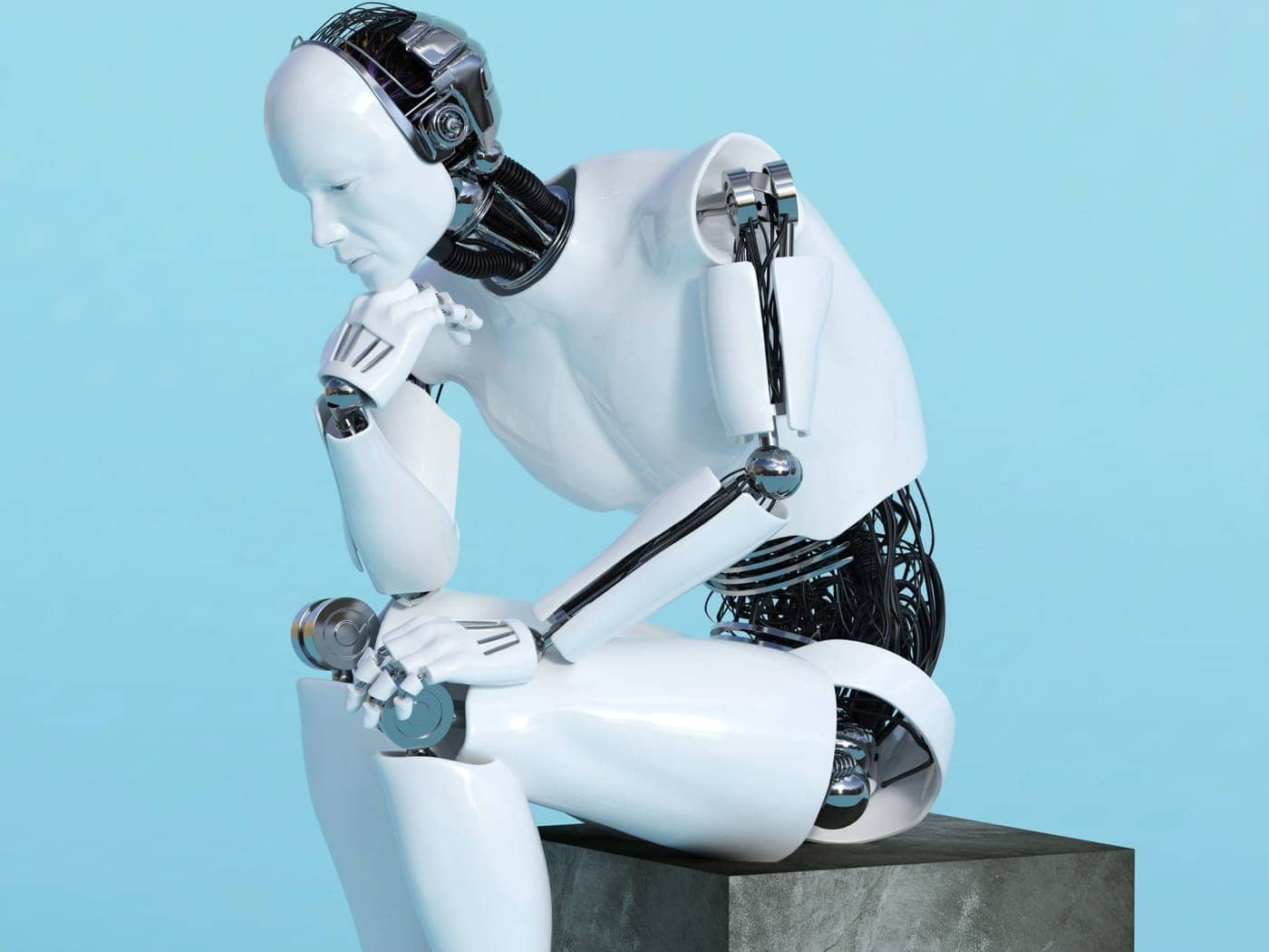 Pensamiento de un robot en pose pensativa, futurista y tecnológico, ideal para filosofía y avances en inteligencia artificial.
