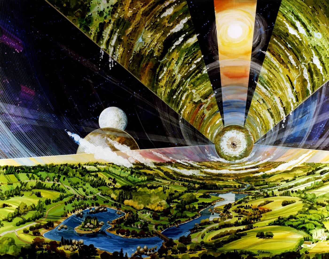 Naturaleza y universo en una ilustración surrealista con paisajes, planetas y fenómenos cósmicos.