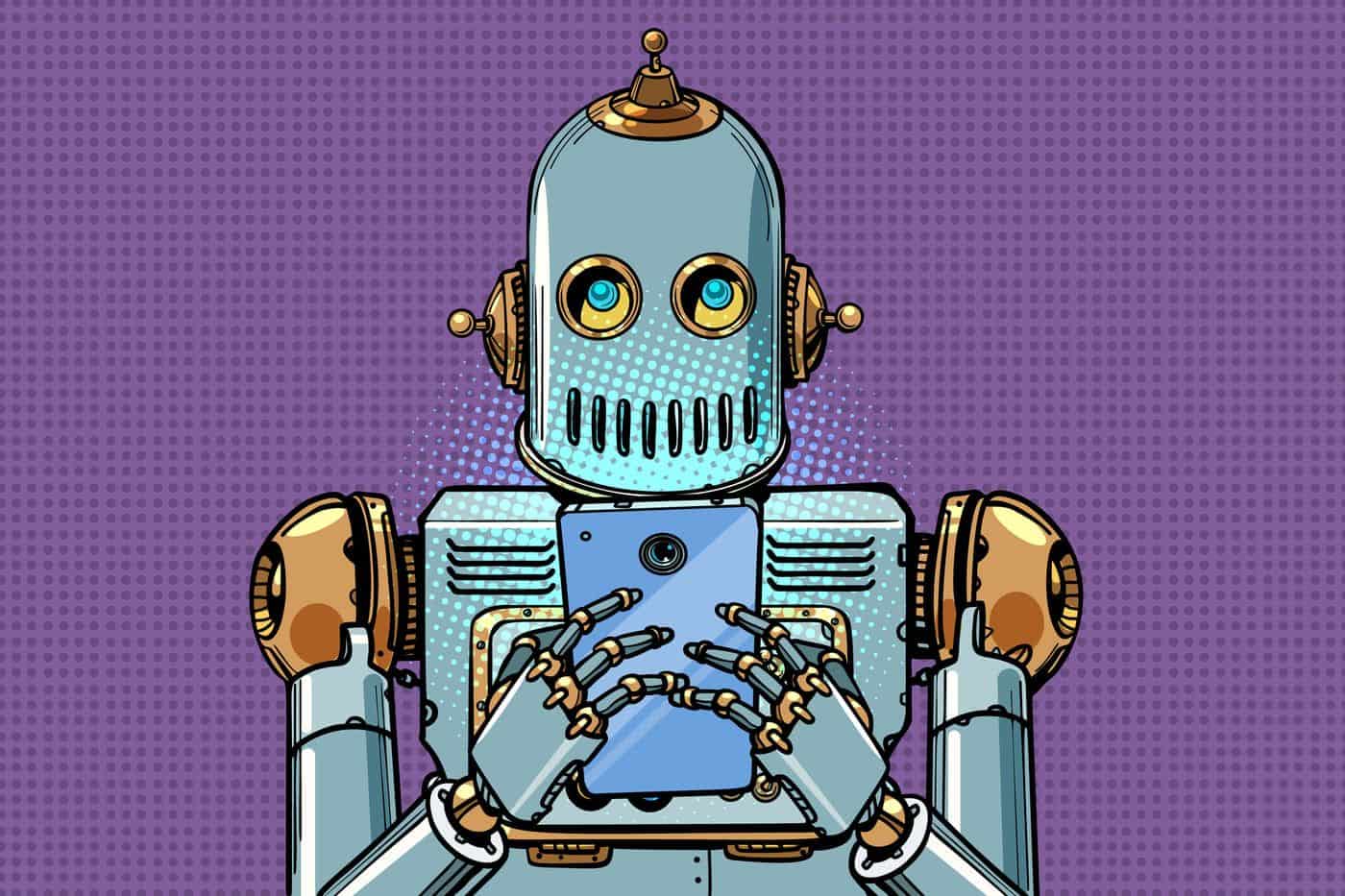 Robot con pantalla en forma de cara y brazos articulados sostiene un teléfono móvil, ilustración digital de inteligencia artificial y tecnología.