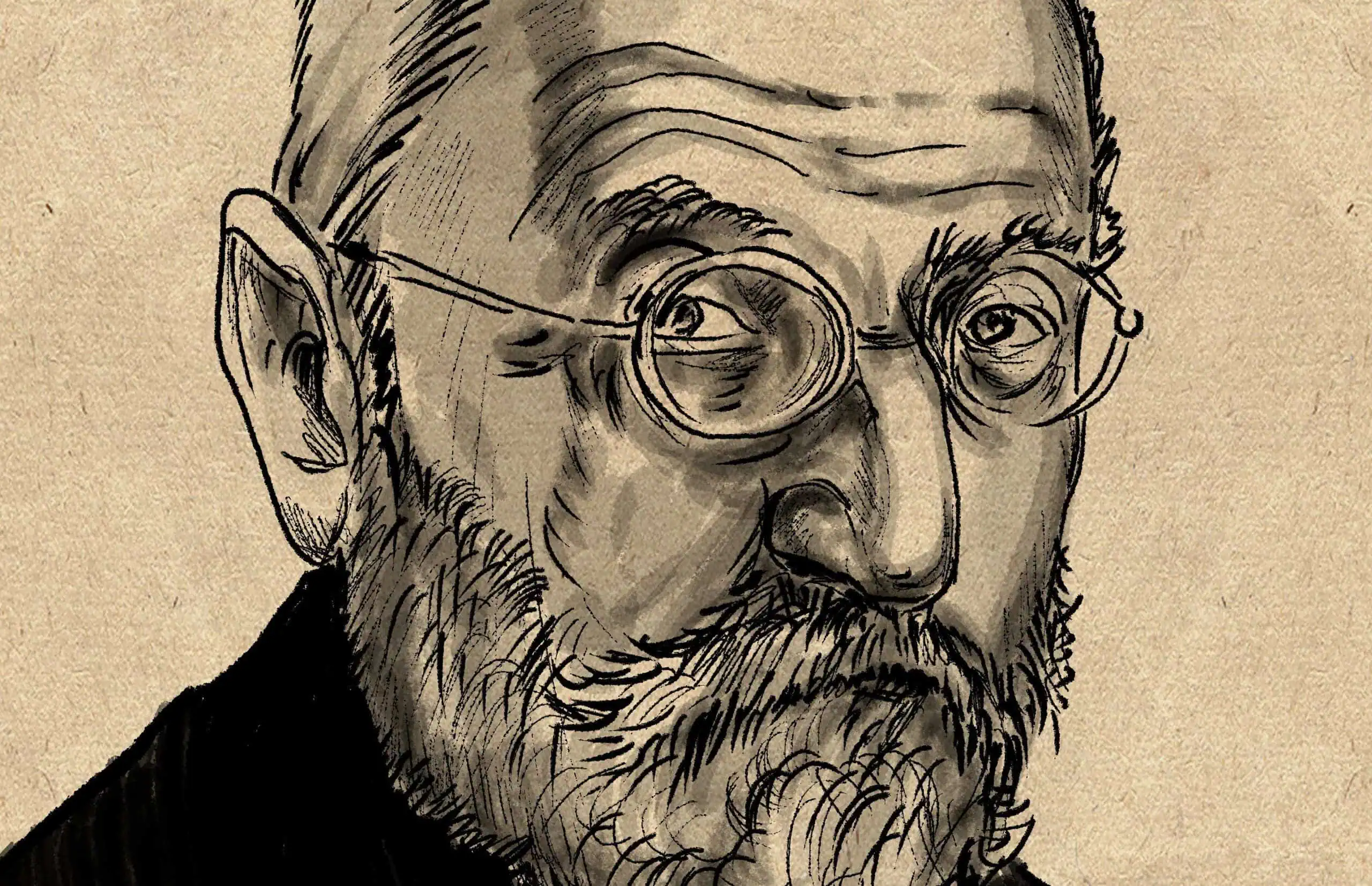 Filósofo con gafas y barba en dibujo artístico, inspiración y reflexión filosófica.