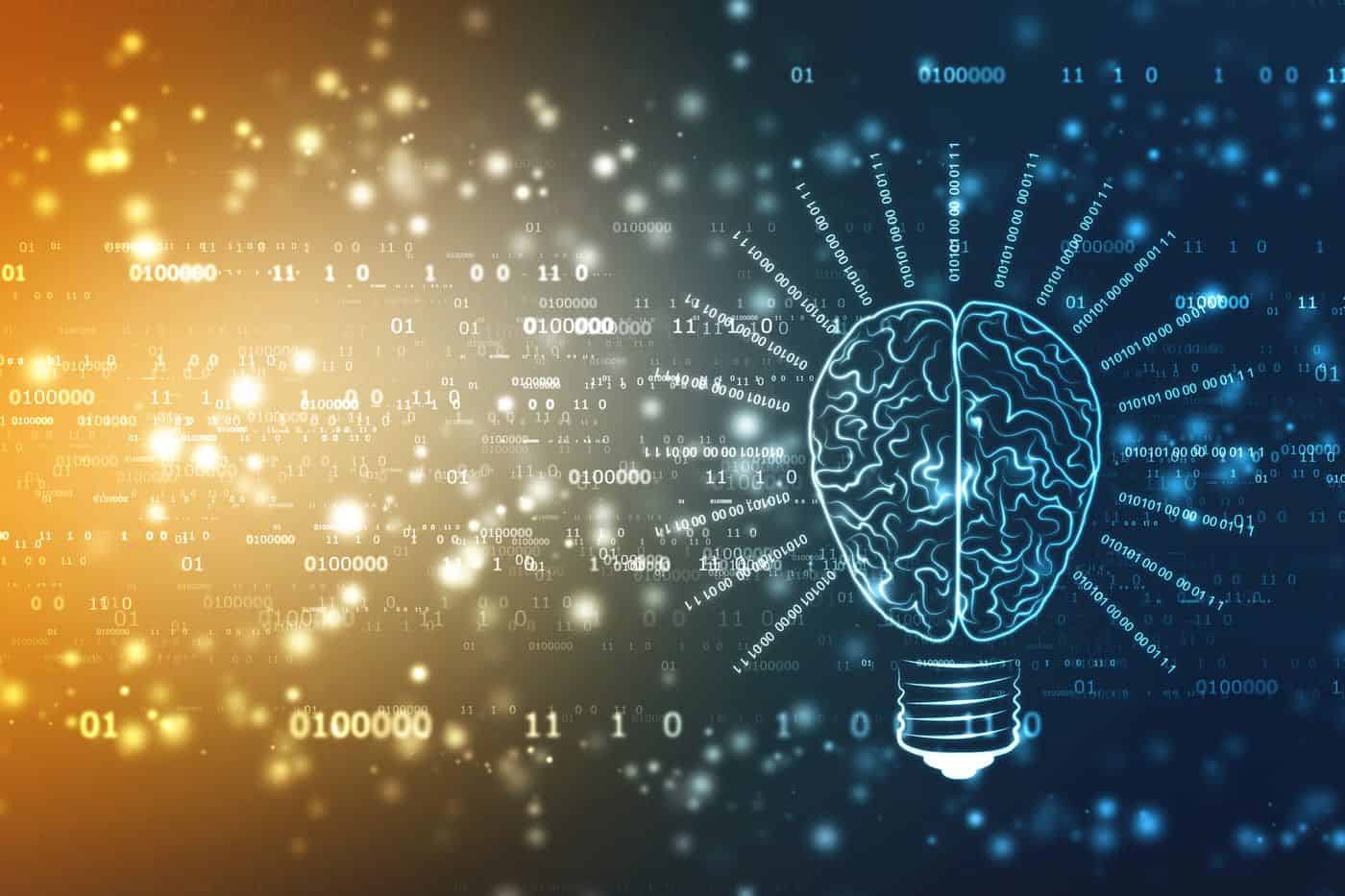 Innovación tecnológica y cerebro humano en ilustración digital con datos binarios y efecto luminoso.