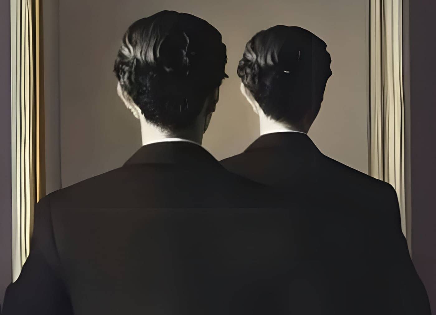 Reflejo dual en el espejo de dos hombres con peinado clásico y traje oscuro.