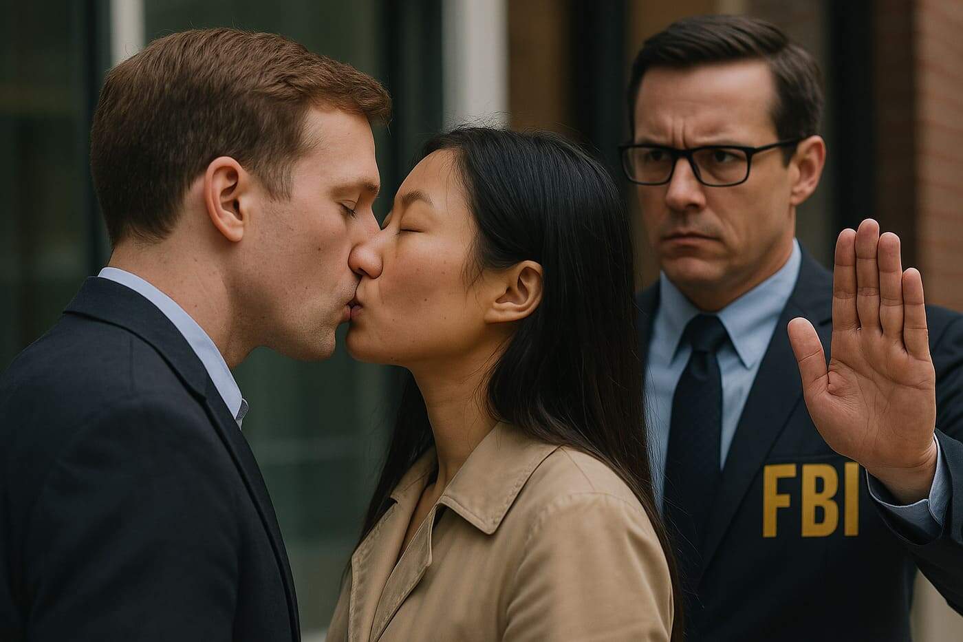 Besos entre pareja en presencia de un oficial de FBI deteniendo la escena.