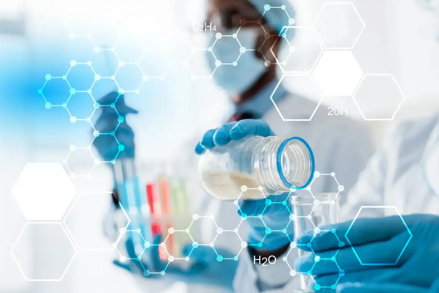 Fármaco en laboratorio con elementos químicos y gráficos digitales de ciencia y tecnología.