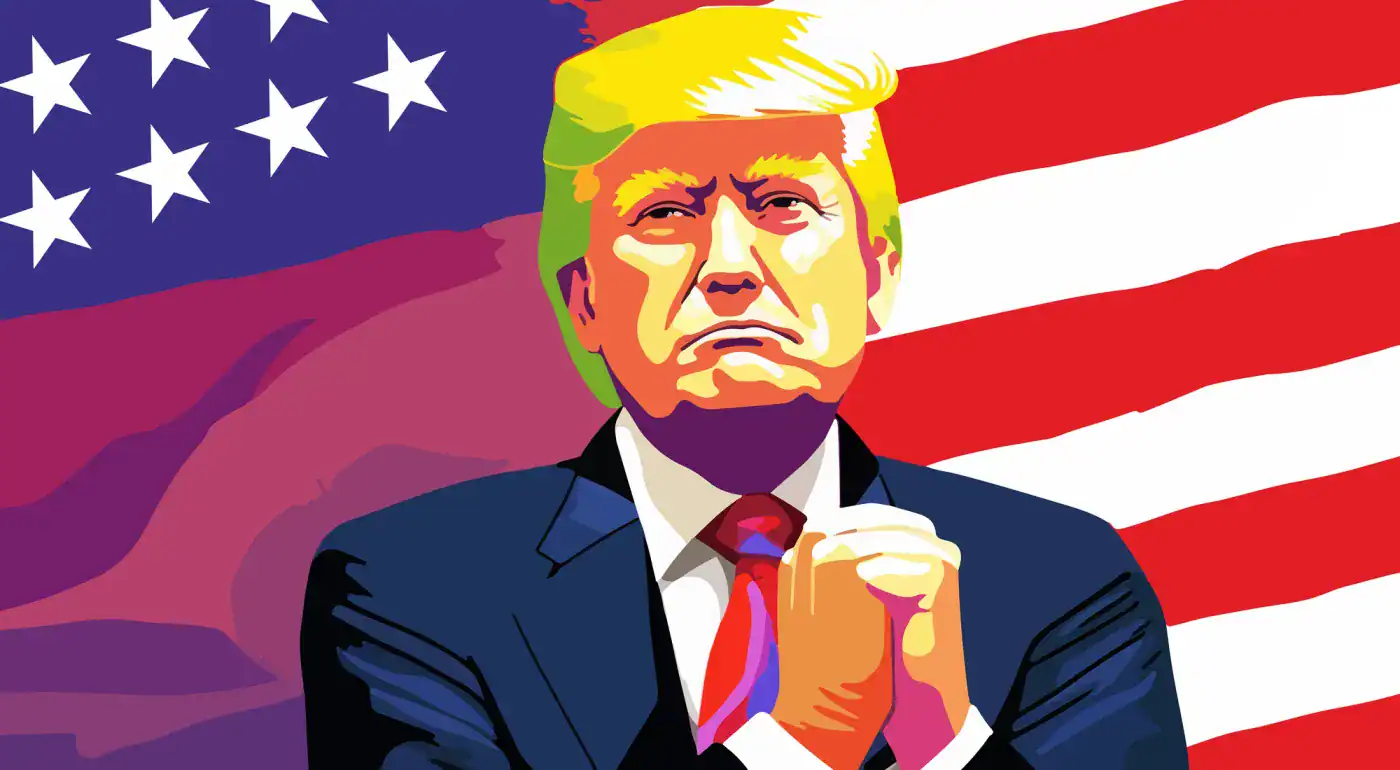 Trump con expresión decidida frente a la bandera de Estados Unidos y un fondo de estrellas blancas sobre azul.