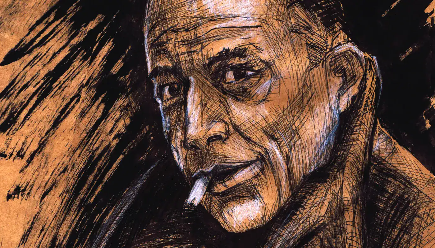 Viejo hombre con cigarrillo, dibujo en estilo artístico, retrato expresivo y profundo.