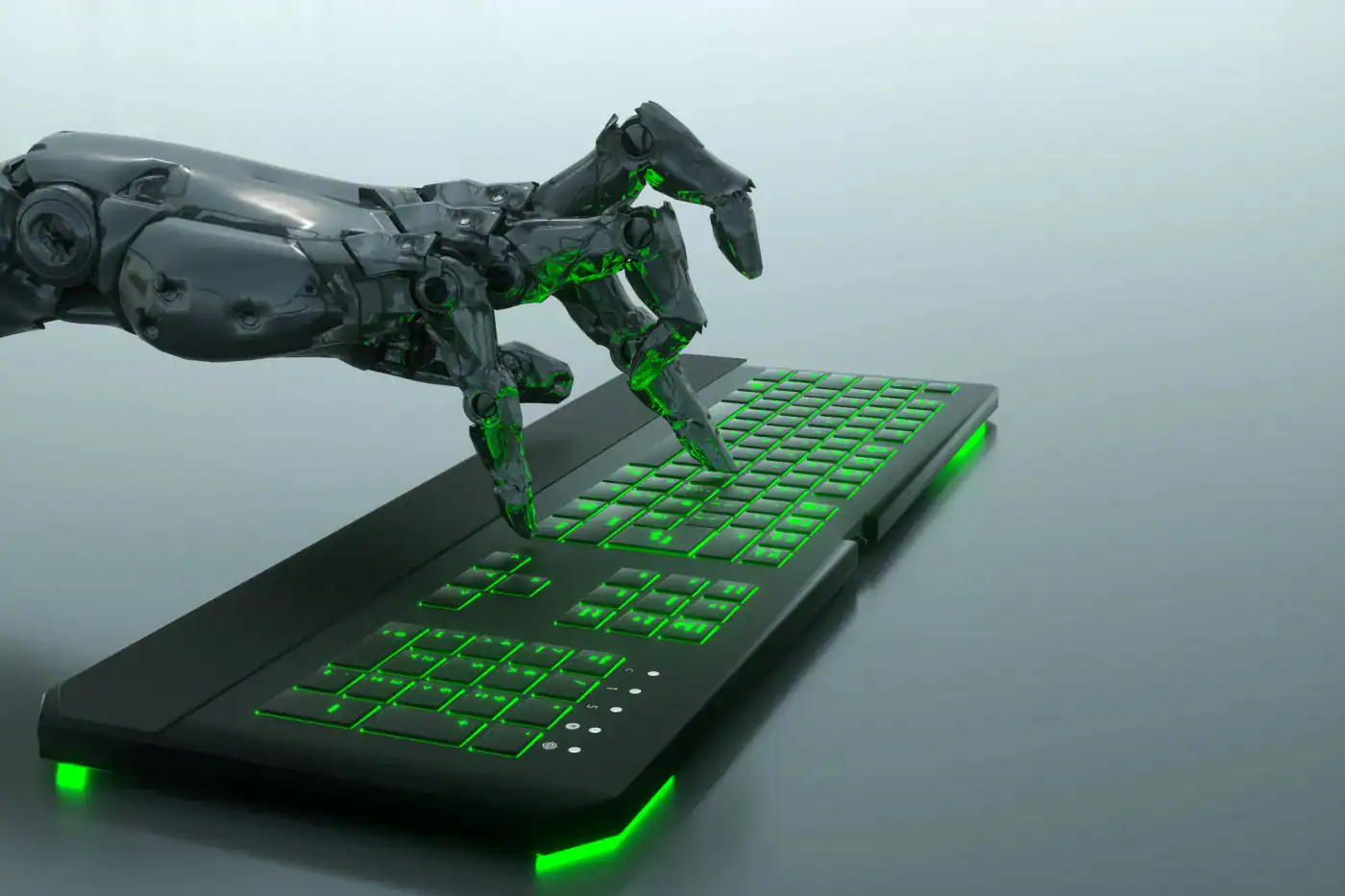Robot con brazo mecánico interactuando con un teclado de luz verde en un fondo gris.