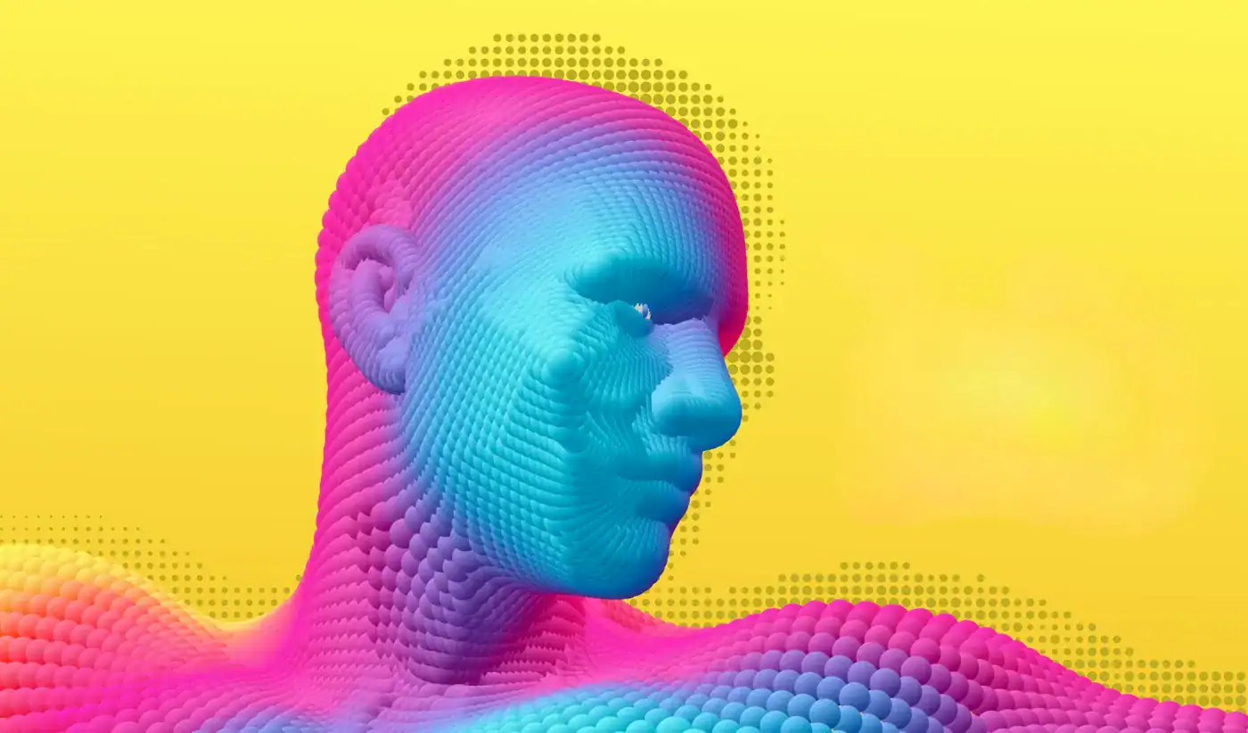 Cabeza humanoide abstracta en colores vibrantes con fondo amarillo brillante.