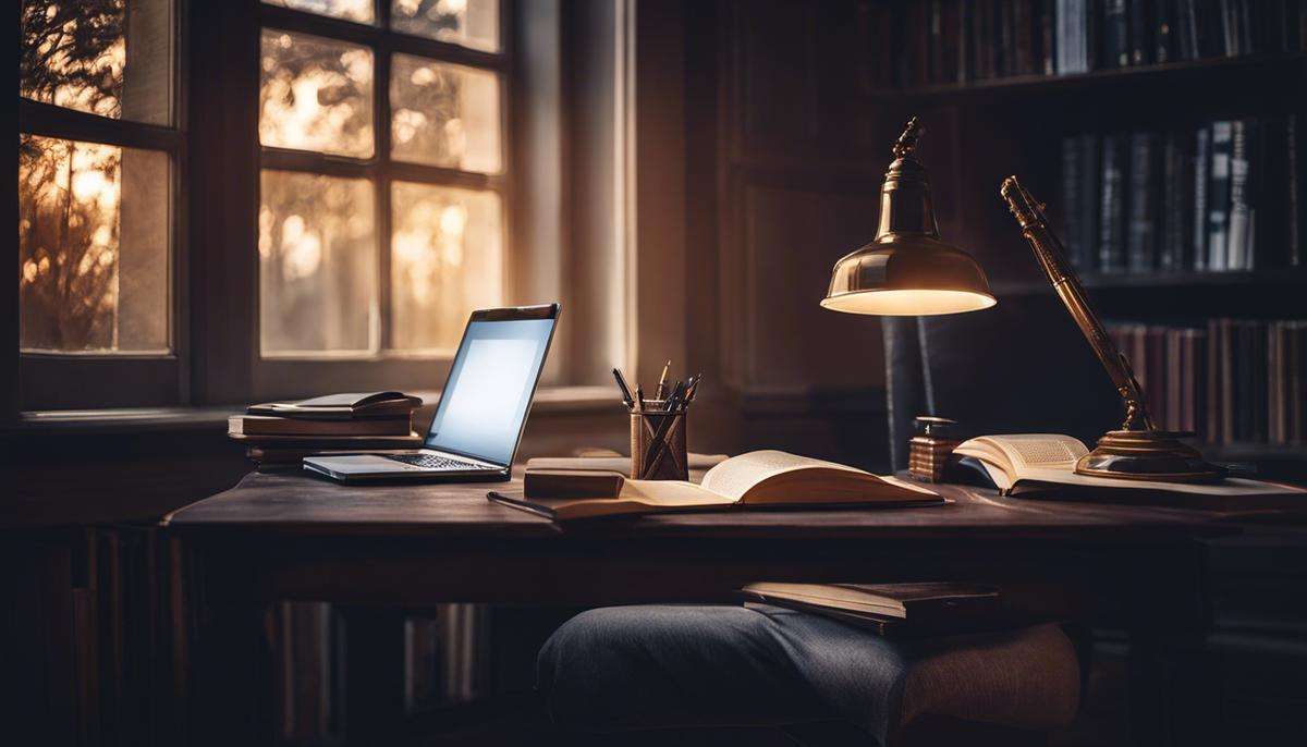 Un escritorio con laptop, libros y lámpara en una oficina con luz suave y ambiente de estudio filosófico.