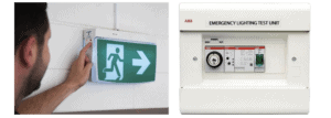 man testing exit and emergency lighting