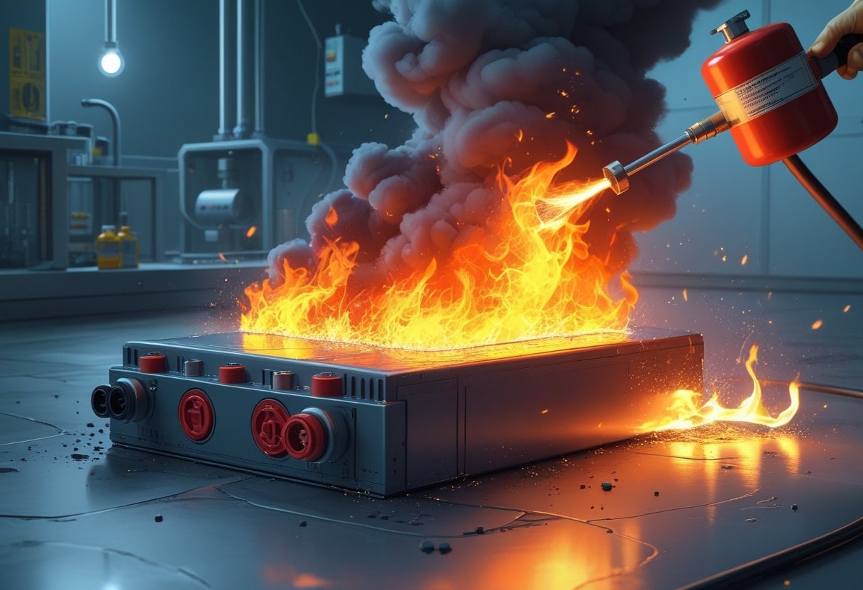 A close-up of a lithium-ion battery on fire with intense flames and smoke, while a traditional fire extinguisher is being used but fails to put out the fire, set in a laboratory environment.