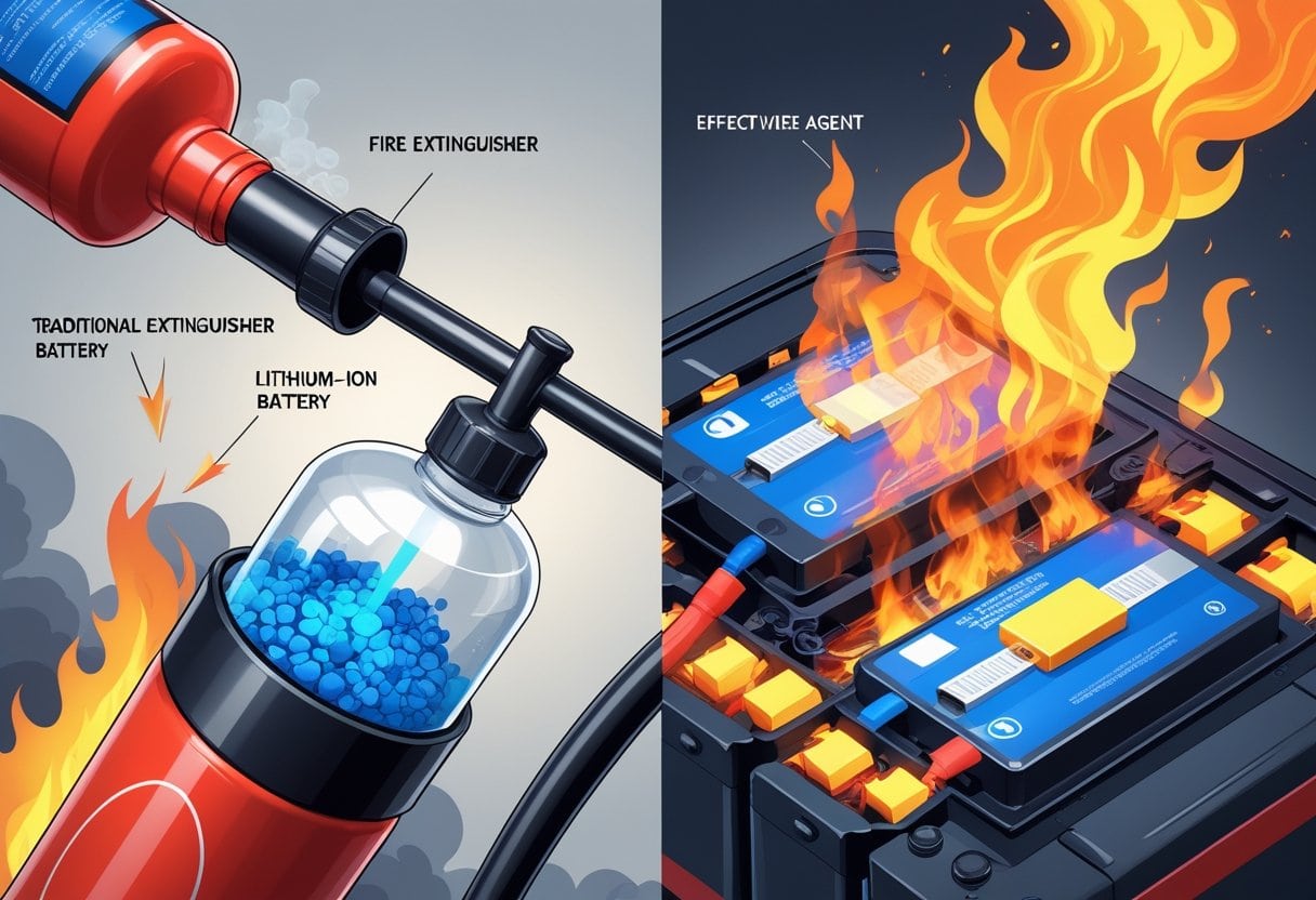 Illustration showing a traditional fire extinguisher suppressing a regular fire on one side and failing to put out a lithium-ion battery fire on the other side, with visible flames and smoke around the battery.
