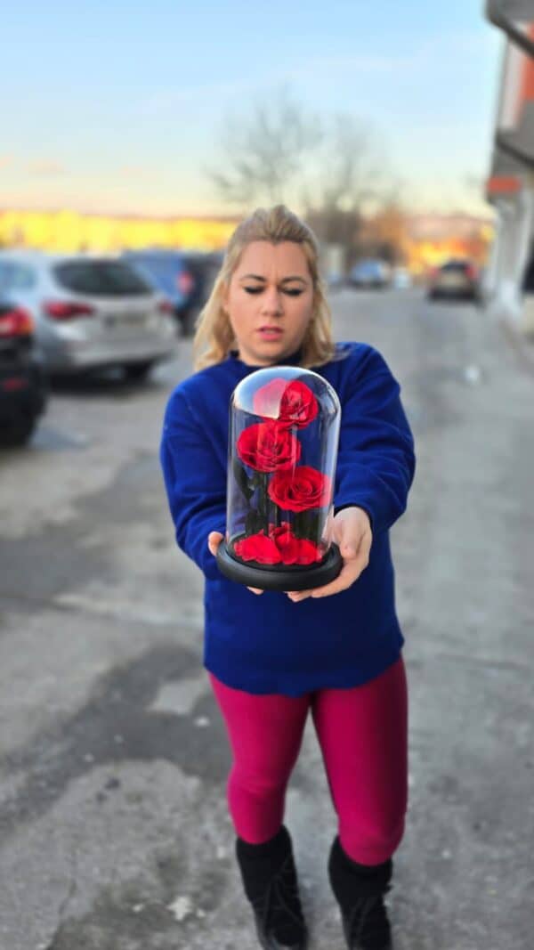 Aranjament cu 3 trandafiri roșii criogenați în cupolă din sticlă