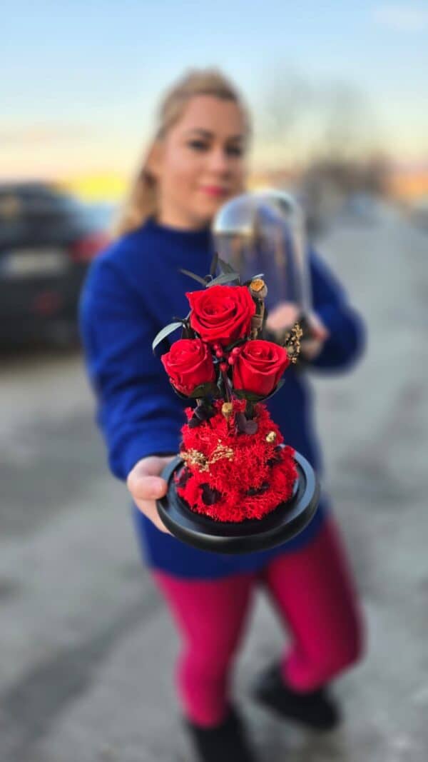 Aranjament cu trandafiri criogenați roșii, cadou floral premium de durată