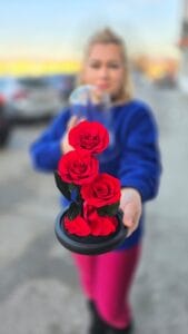 Trandafiri roșii criogenați în cupolă din sticlă cu bază elegantă