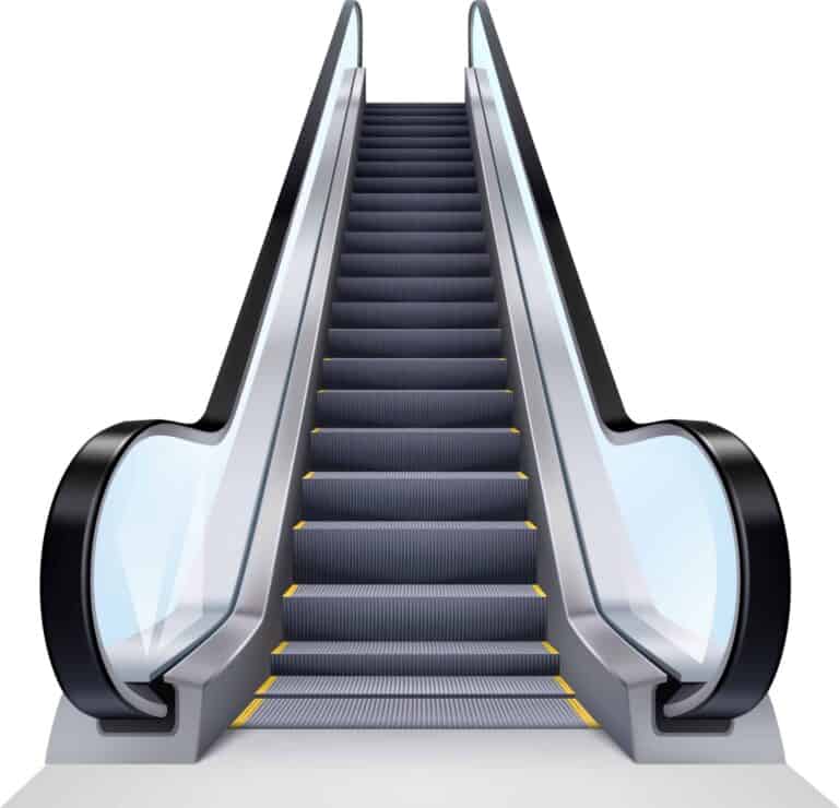 A modern escalator with dark gray steps, yellow safety lines, black handrails, and clear glass side panels, ascending against a white background.