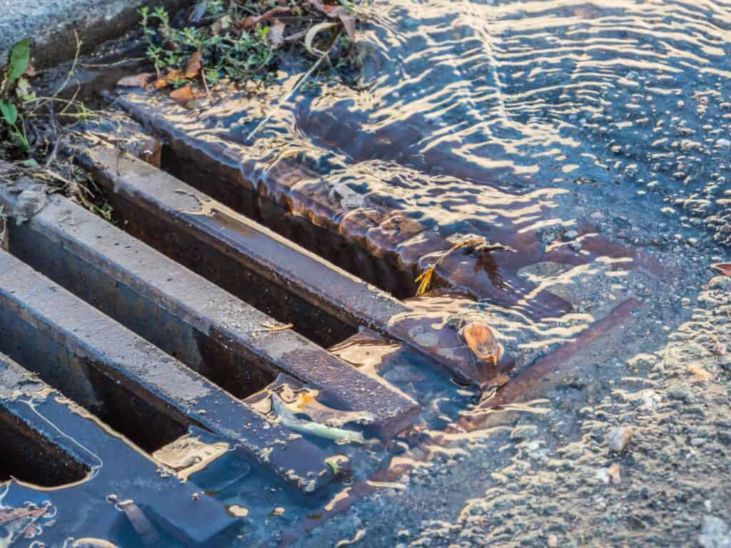 Close-up of clear water flowing over rusty metal storm drain grates, with leaves and twigs visible in the water and on the surrounding asphalt.