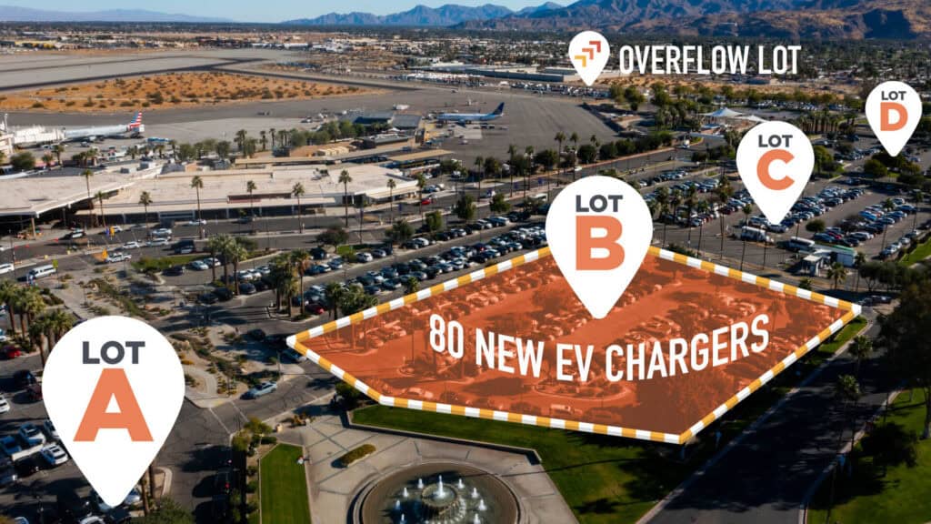 Aerial view of an airport with multiple parking lots labeled A, B, C, D, and Overflow. Lot B is highlighted, indicating '80 NEW EV CHARGERS'.